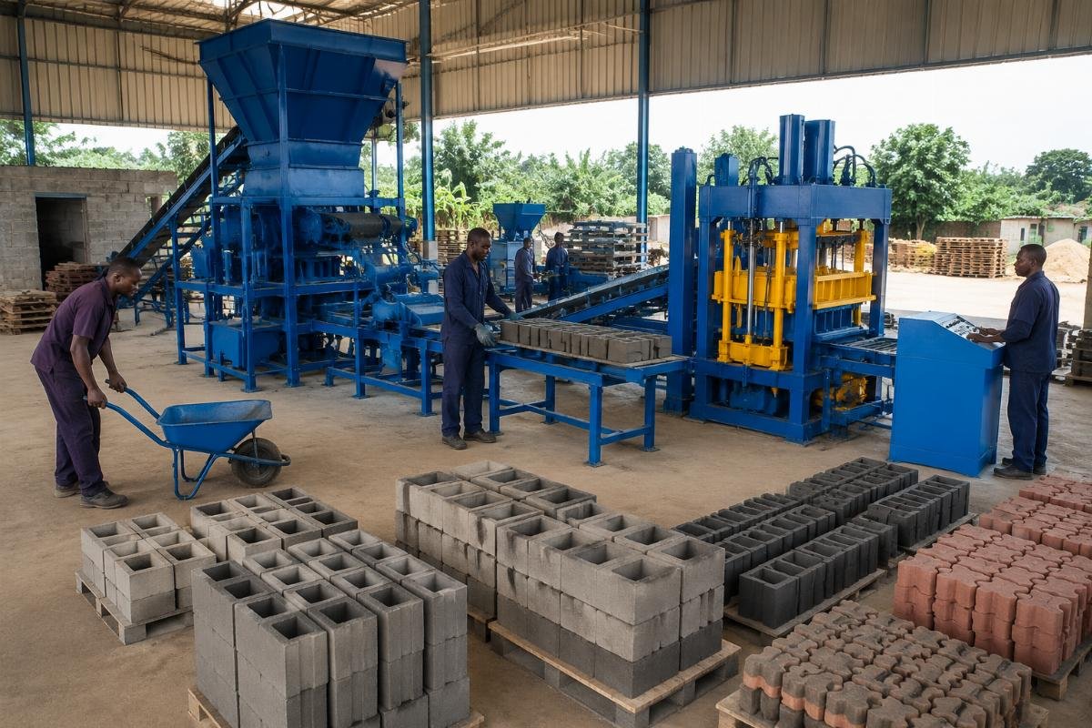 multi-product brick machine ROI semi-automatic line layout Semi-automatic multi-product block machine line layout in a West African production facility