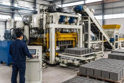 PLC-controlled block machine production line with touchscreen interface and four-motor vibration system