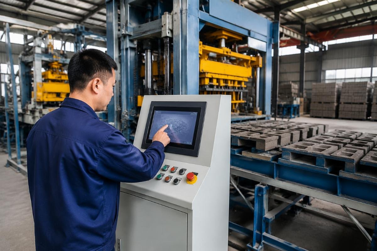 PLC touchscreen HMI with multi-language support for block machine operation Touchscreen HMI interface displaying real-time production parameters and alarm diagnostics