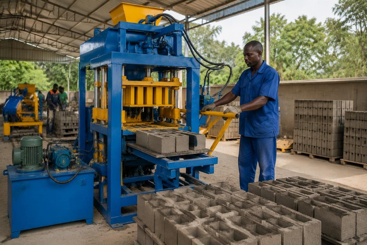 QTJ4-40 semi-automatic block machine for small investors Semi-automatic QTJ4-40 block machine operating in a Nigerian workshop