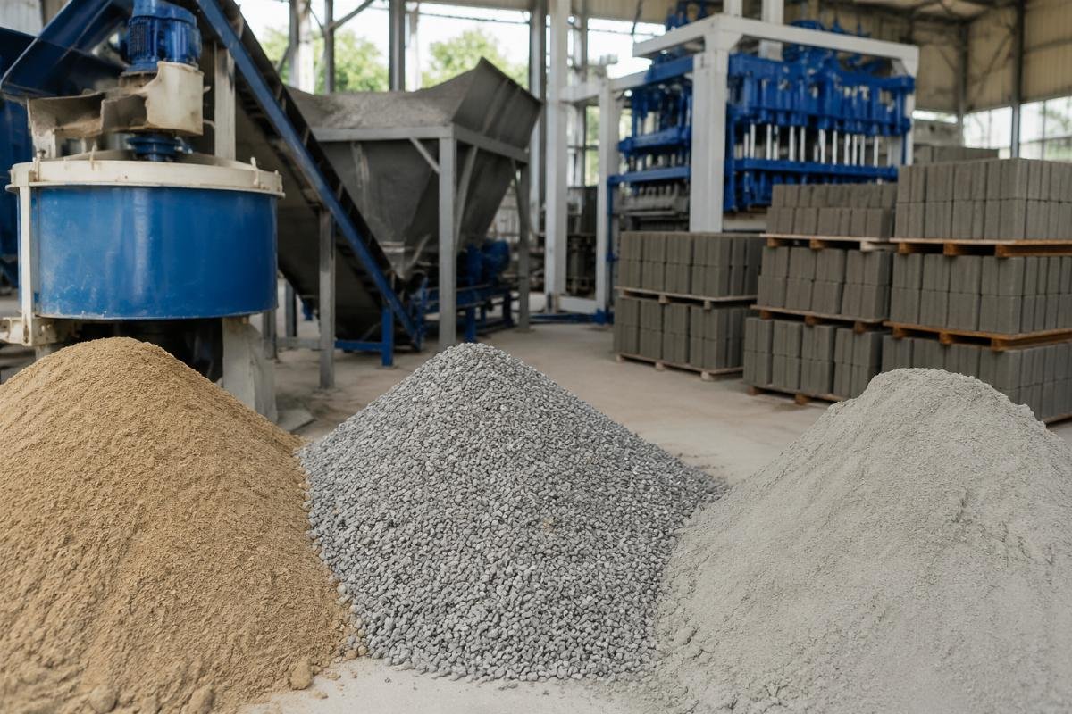 raw material cost optimization concrete block manufacturing Close-up of well-graded sand, stone dust, and cement ready for concrete block mixing