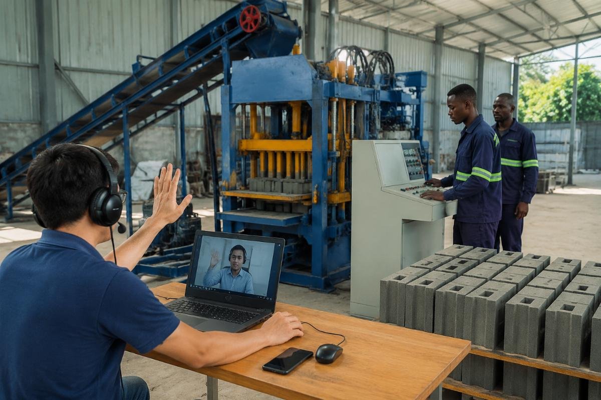 Engineer conducting remote video support session with local operators at the block machine