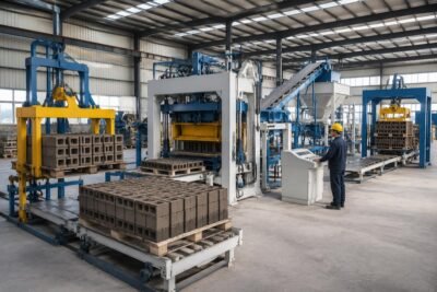 A fully automated concrete block production line with pallet loader, block machine, conveyor, and stacker operating in sequence