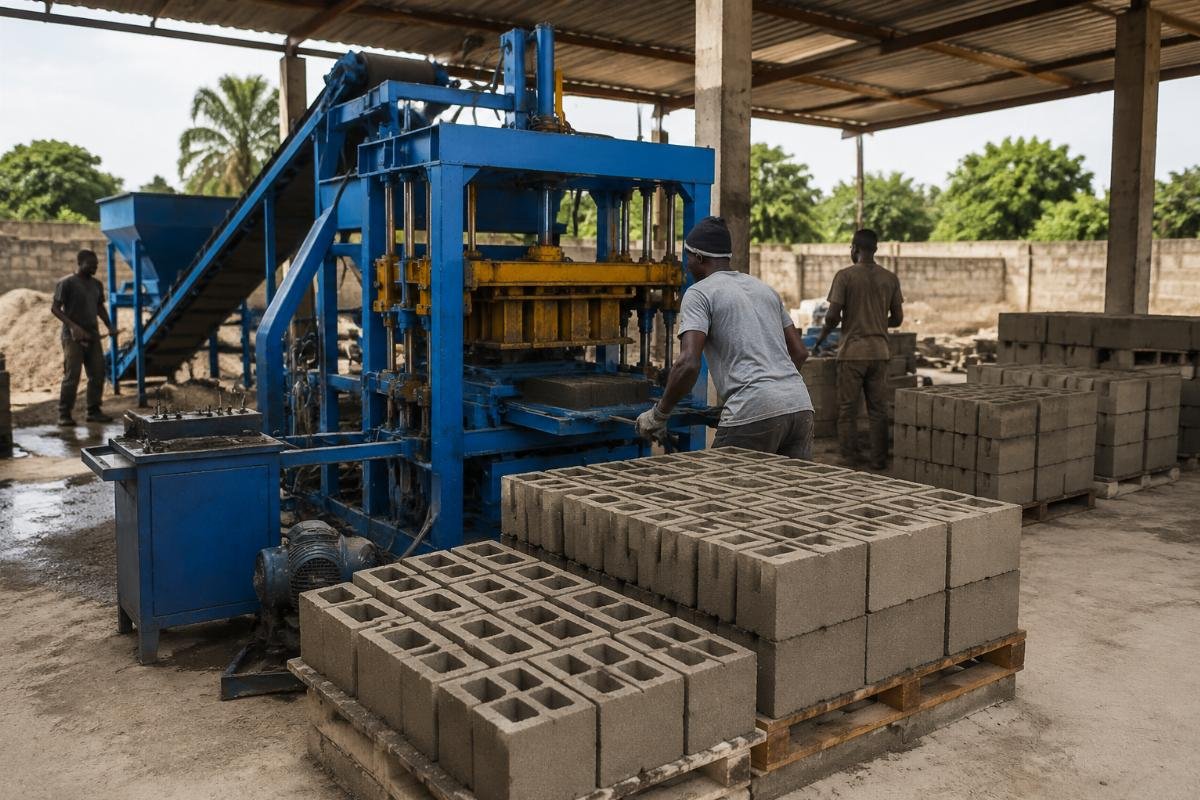 semi-automatic concrete block making machine cost analysis Semi-automatic QTJ4-25 block machine operating in a Nigerian production yard
