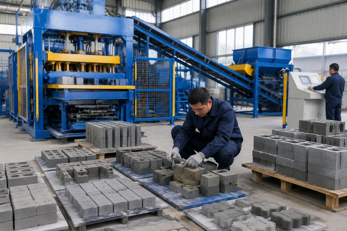 Blocks from trial production arranged for compressive strength and dimensional accuracy testing