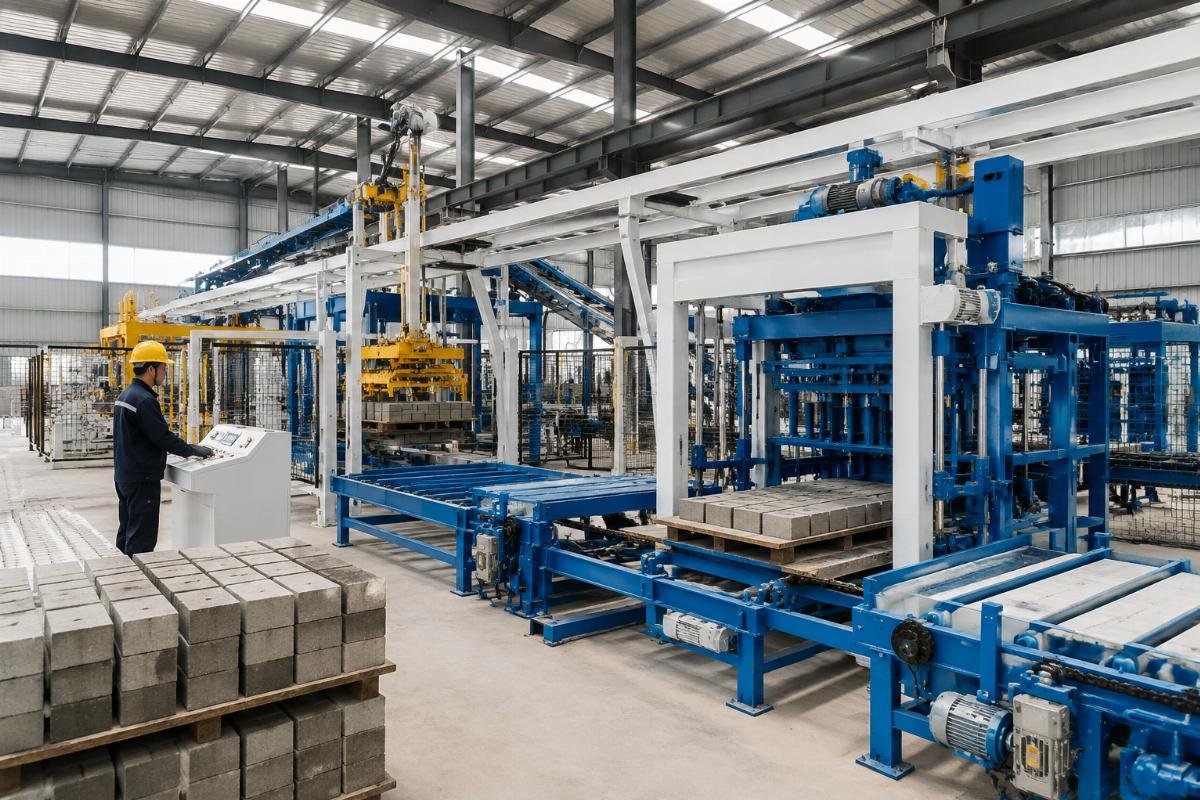 Turnkey PLC block machine line with automatic pallet handling for government housing projects Turnkey block machine production line with automatic pallet loader and stacker system