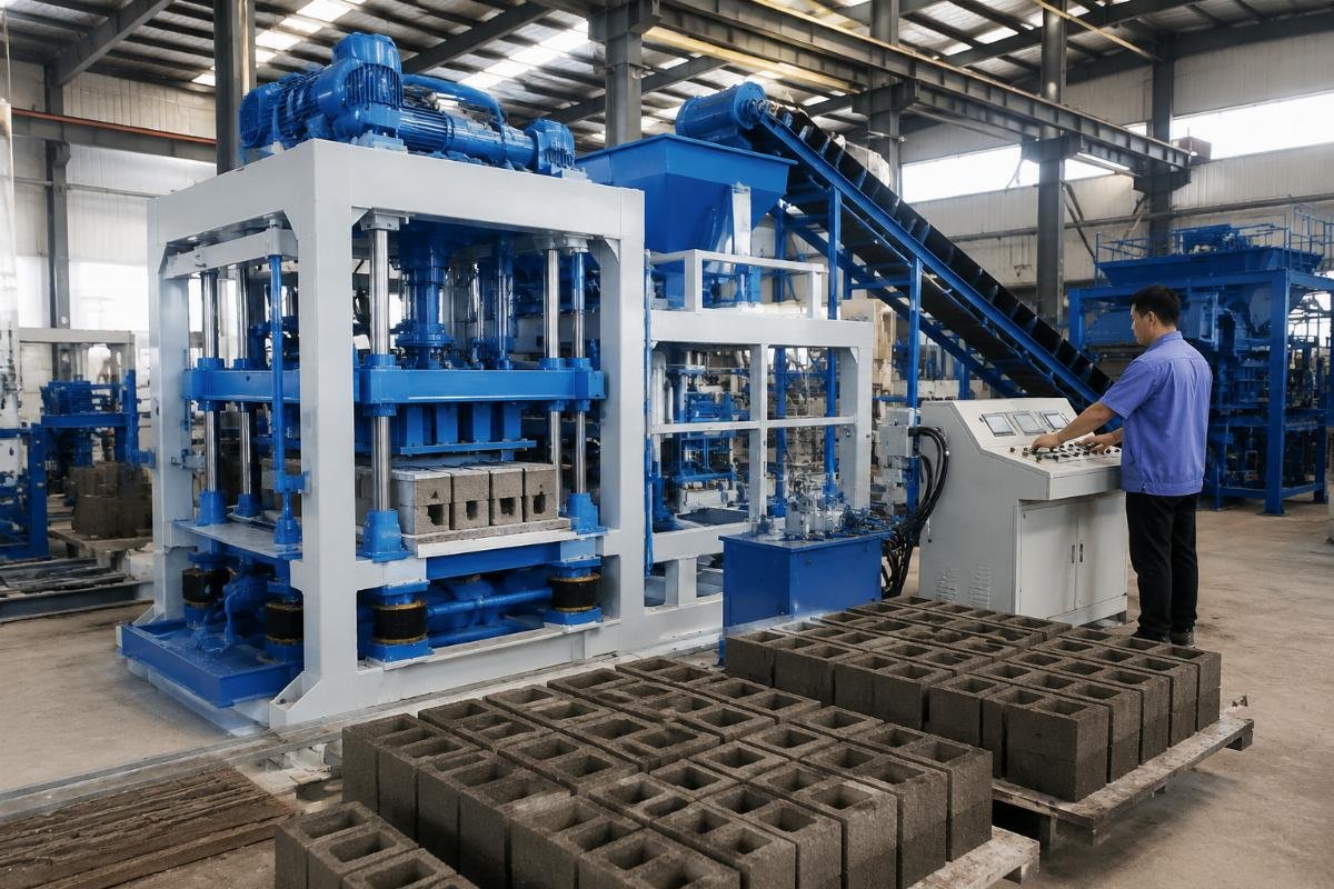 vibration system configuration block density equipment cost European-style four-vibration-motor block machine with airbag system on factory floor