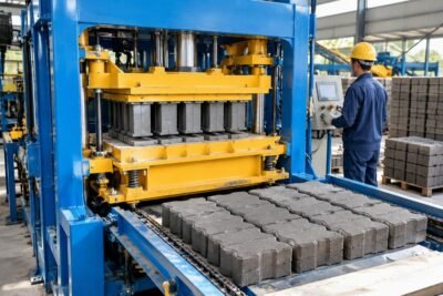 A close-up view of a QT4-15 interlocking paver machine showing the mold assembly and vibration table during operation