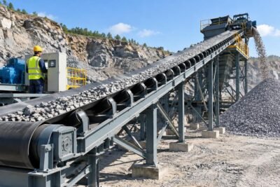 A heavy duty belt conveyor system installed in a quarry environment showing robust structural supports