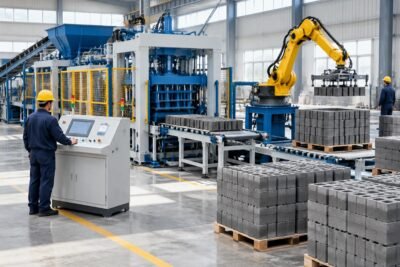 A modern fully automatic concrete block making line with PLC control panel and palletizing system in a clean factory setting