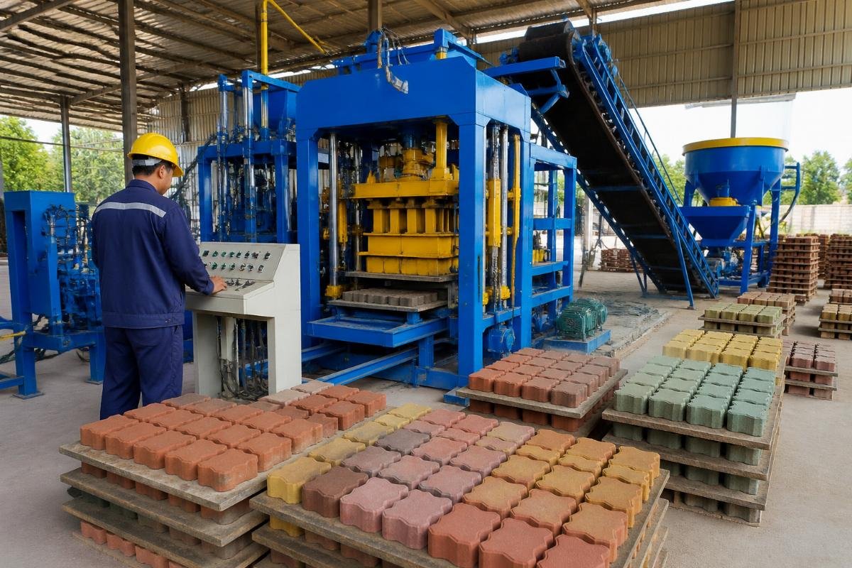 A QT4-15 machine producing decorative interlocking pavers with a color feeder attachment in operation