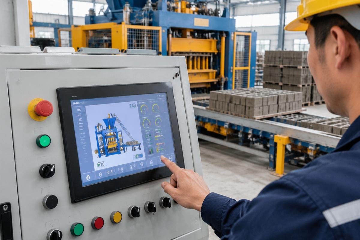Close-up of a PLC control panel on a block making machine showing diagnostic interface