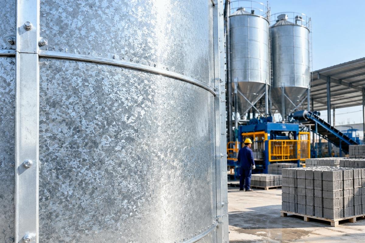 Close-up of hot-dip galvanized surface texture on cement silo specifications steel plates