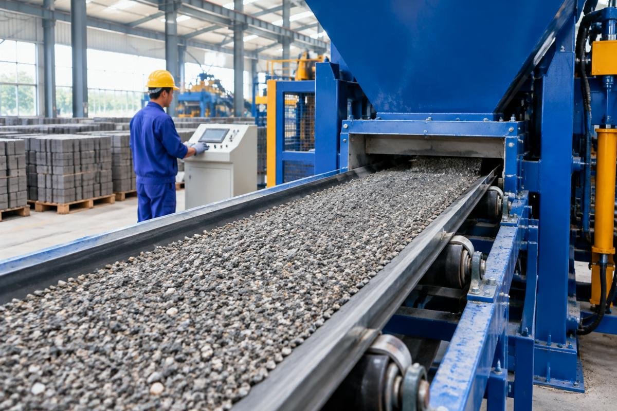 Close-up view of evenly distributed aggregate on a properly aligned conveyor belt feeding a block machine hopper