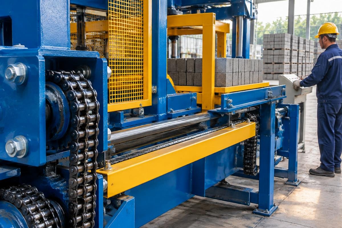 Close-up view of greased chain drives and protected guide rails on a stored block cuber