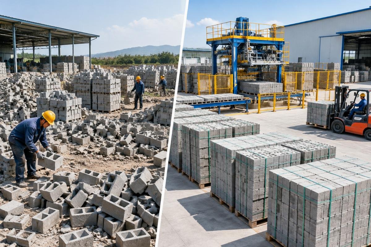 Comparison of a chaotic loose-block storage yard versus an organized palletized yard managed by an automatic Block Cuber for Refugee Housing