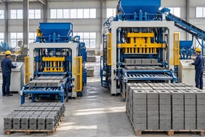 Comparison of QT4 and QT8 paver block machines showing size difference and output capacity