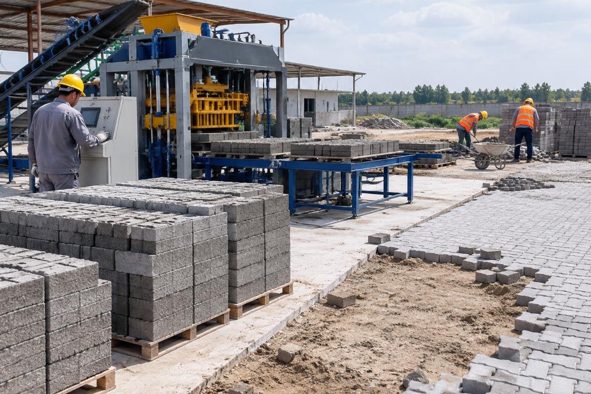 Construction site with delayed paving work due to insufficient block supply