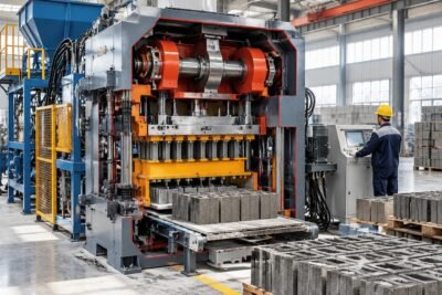 Cross-section view of an eccentric block vibration system in a QT series interlocking block machine showing internal mechanical components