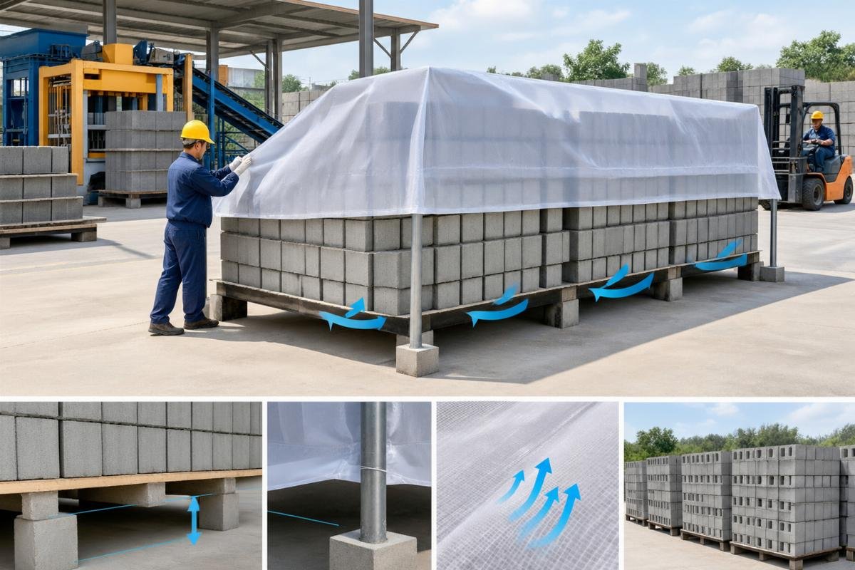 Diagram showing proper elevation and breathable covering techniques for block cuber storage during humid seasons
