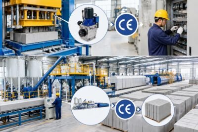 Diagram showing the difference between component-level CE certification and full-line system certification for an AAC block production line