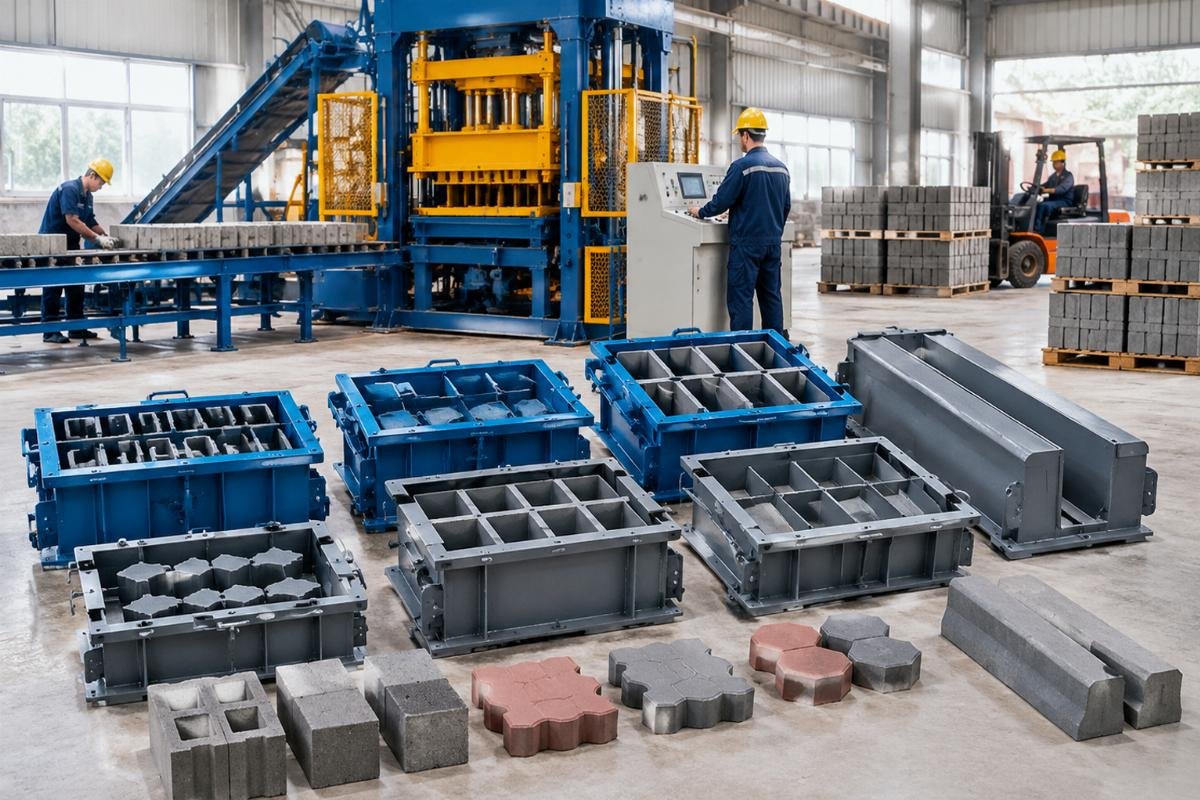 Display of various interchangeable molds for blocks, pavers, and curbs compatible with the QMY10-15