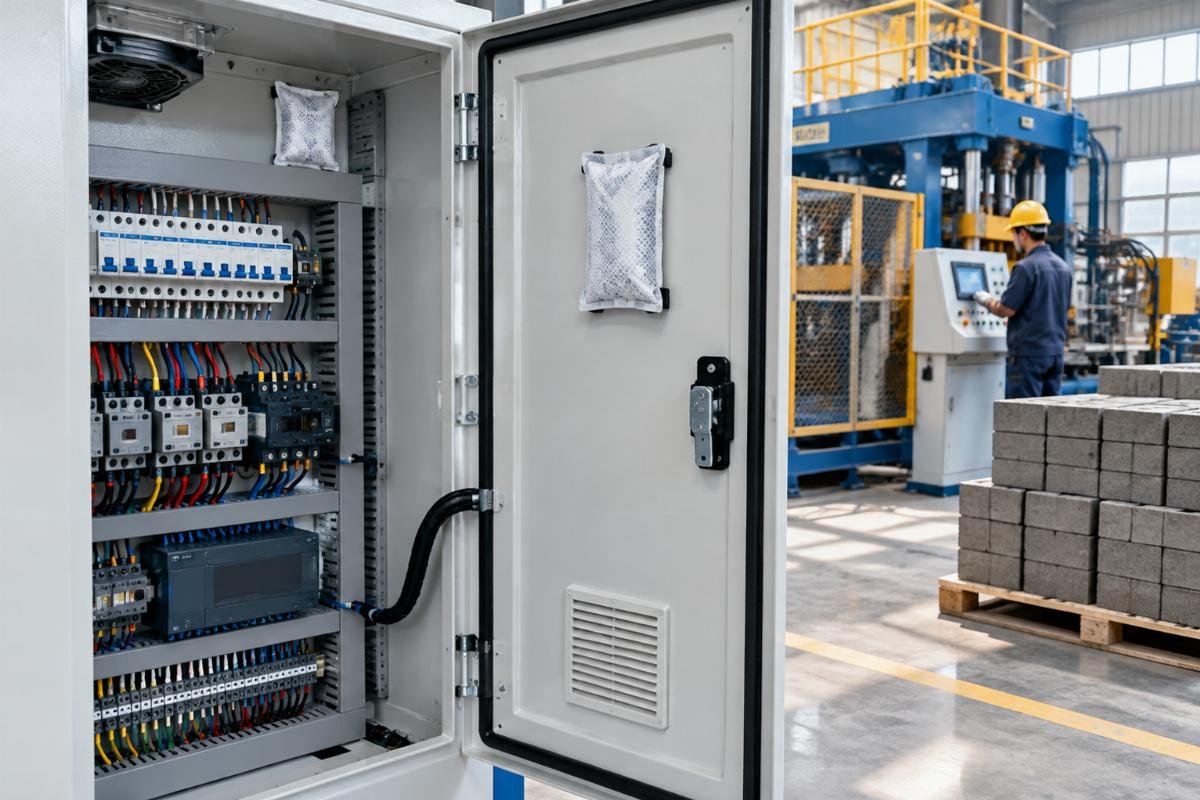 Electrical cabinet with installed desiccant packs and sealed gaskets for humid environment protection