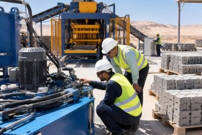 Engineers inspecting the hydraulic system of an interlocking block machine for Israel government infrastructure under desert conditions
