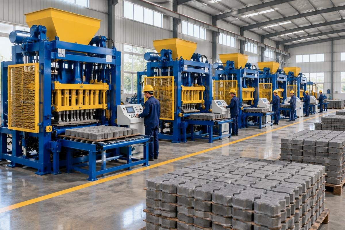 Five identical QT4-15 interlocking paver machines lined up in a standardized production facility layout