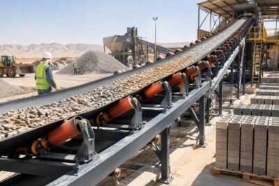 Industrial belt conveyor for aggregates in UAE high temperature environment showing heat-resistant belt material and optimized roller spacing