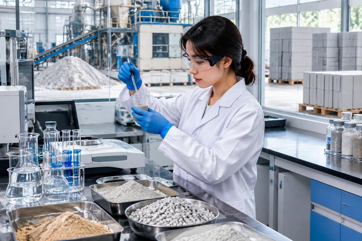 Laboratory technician performing chemical analysis on raw material samples for AAC production
