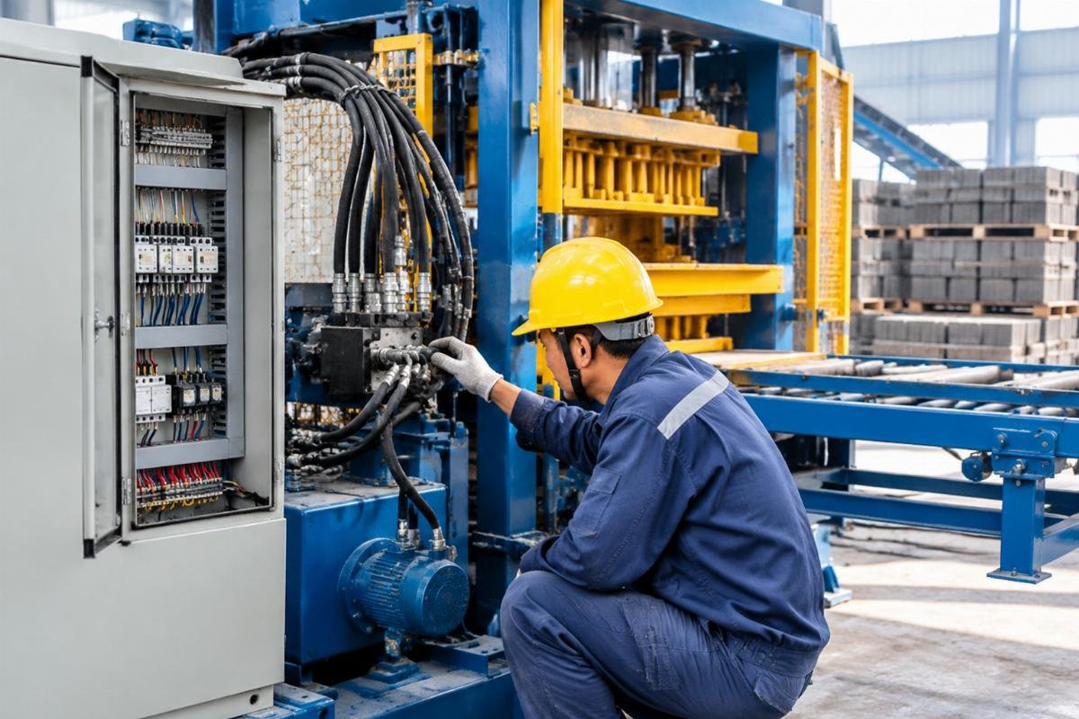 Operator performing pre-start inspection on hydraulic hoses and electrical panels before restarting the block cuber
