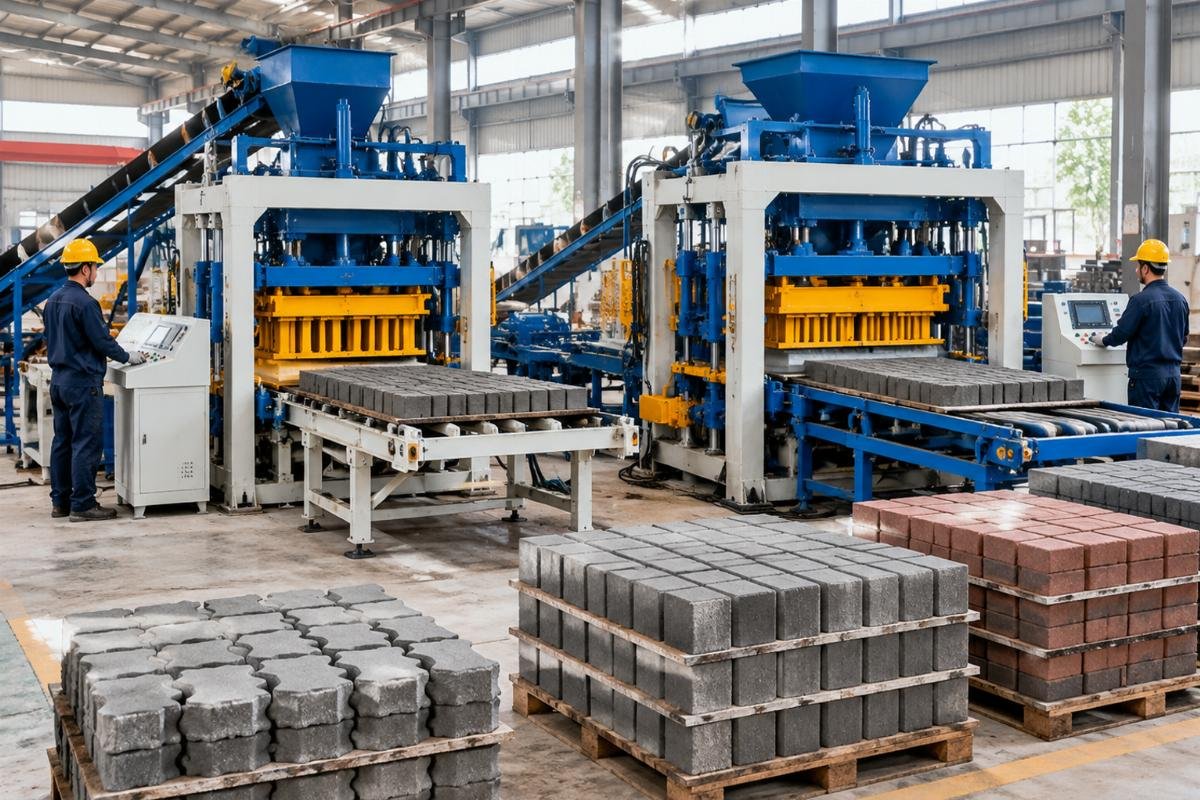 Side-by-side view of QT4-15 and QT8-15 paver block machines in a factory setting