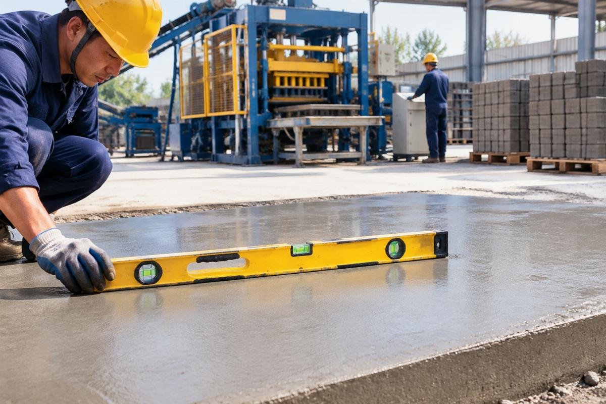 Spirit level placed on a freshly cured concrete pad, demonstrating the check for flatness and levelness
