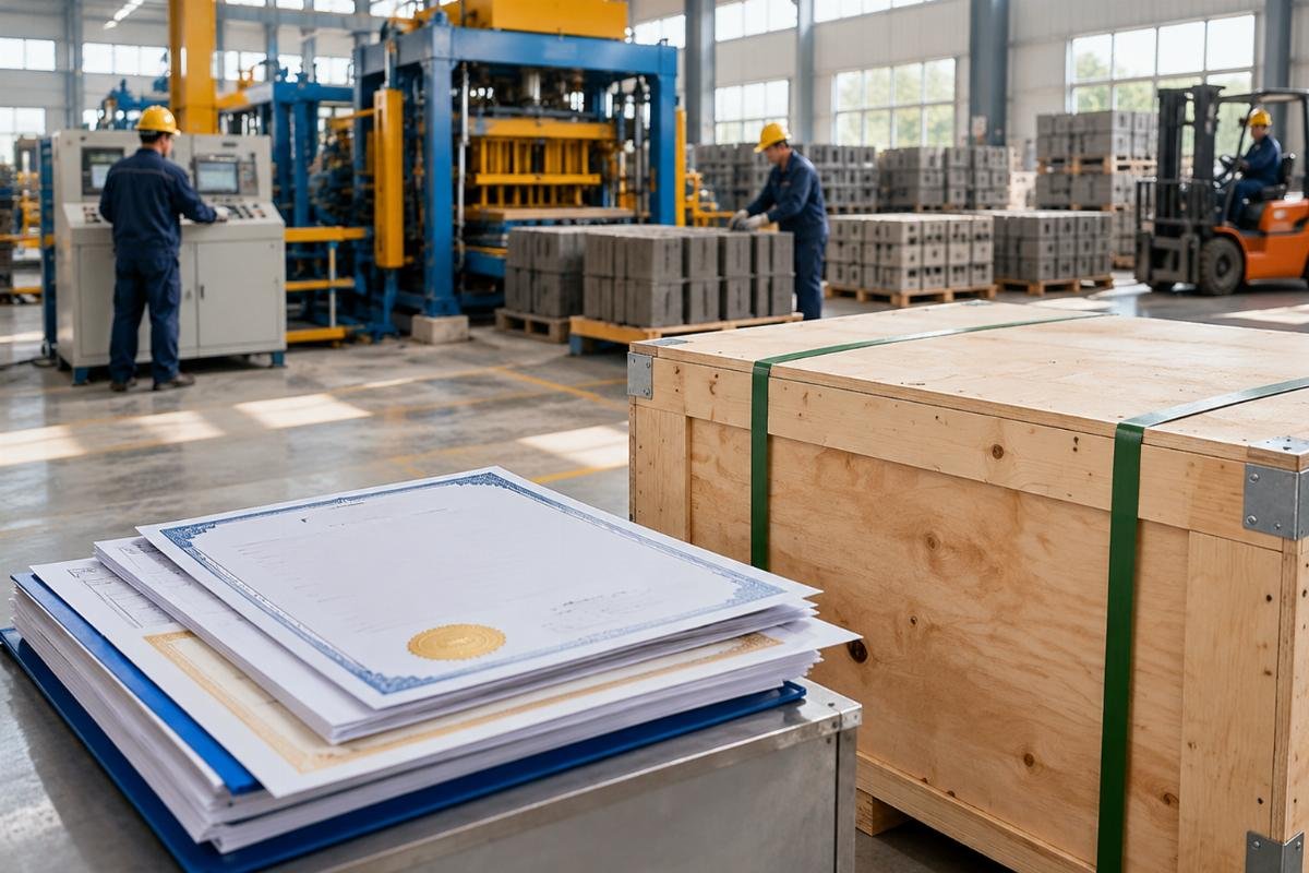 Stack of shipping documents including certificates of origin and compliance forms next to a crate
