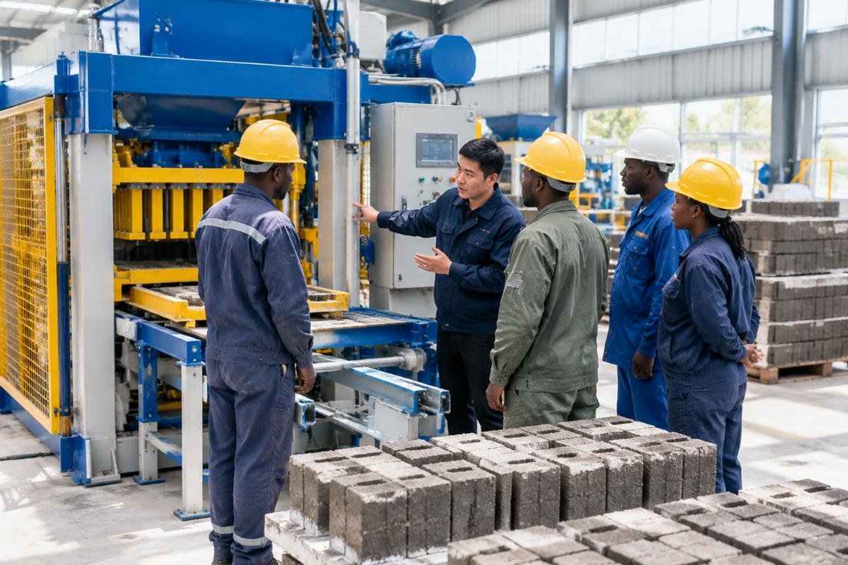 Technician conducting hands-on training with local operators around a block making machine