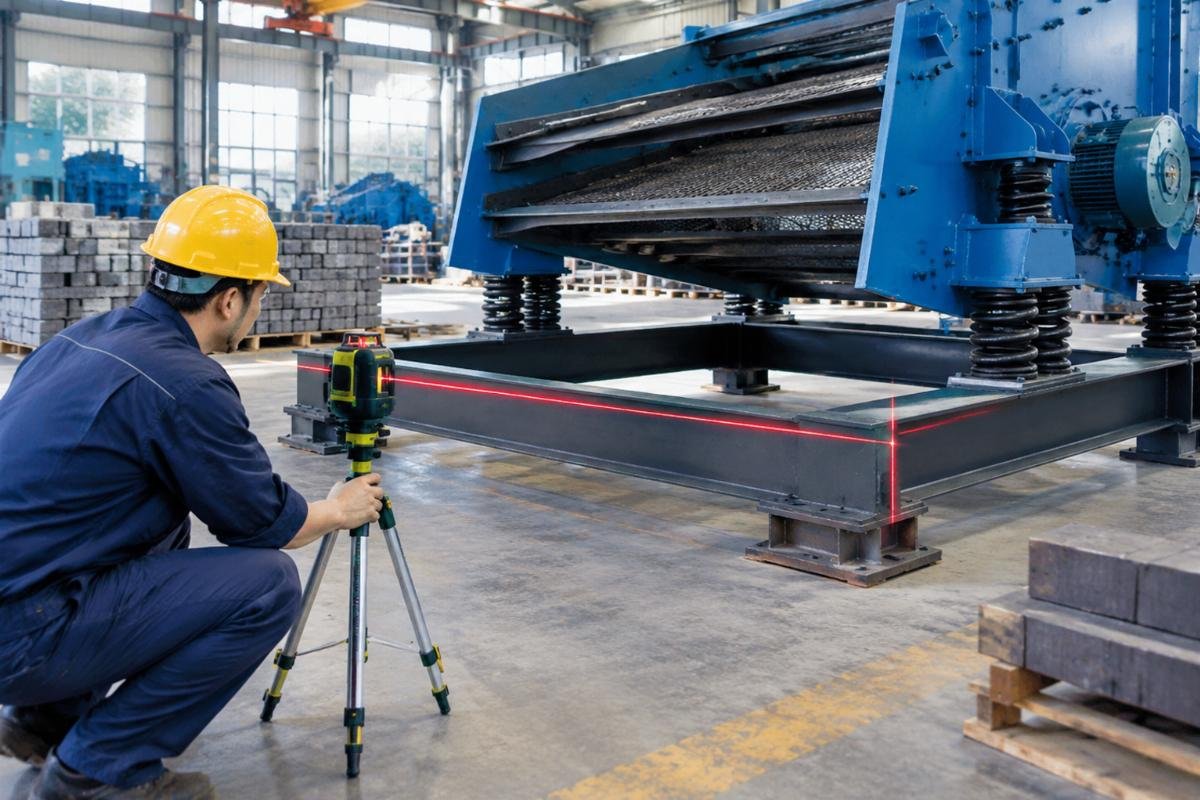 Technician using a laser level to check base frame flatness for sand screening machine alignment calibration standards