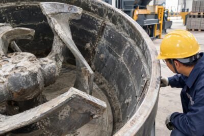Close-up view of worn mixer blades and liner plates inside a heavy-duty concrete mixer, highlighting areas requiring regular inspection
