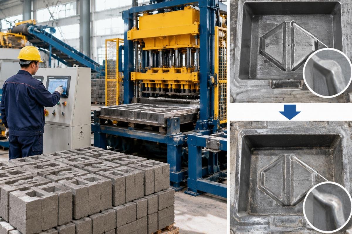 Diagram illustrating the wear pattern on a mold cavity after prolonged use with abrasive concrete, showing how logo edges become rounded over time