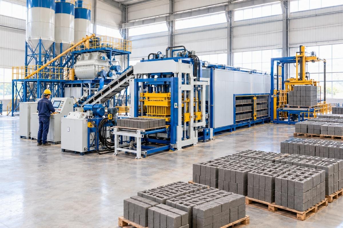 QT15-15 block machine turnkey solution layout showing batching plant mixer forming station curing chamber and stacking area