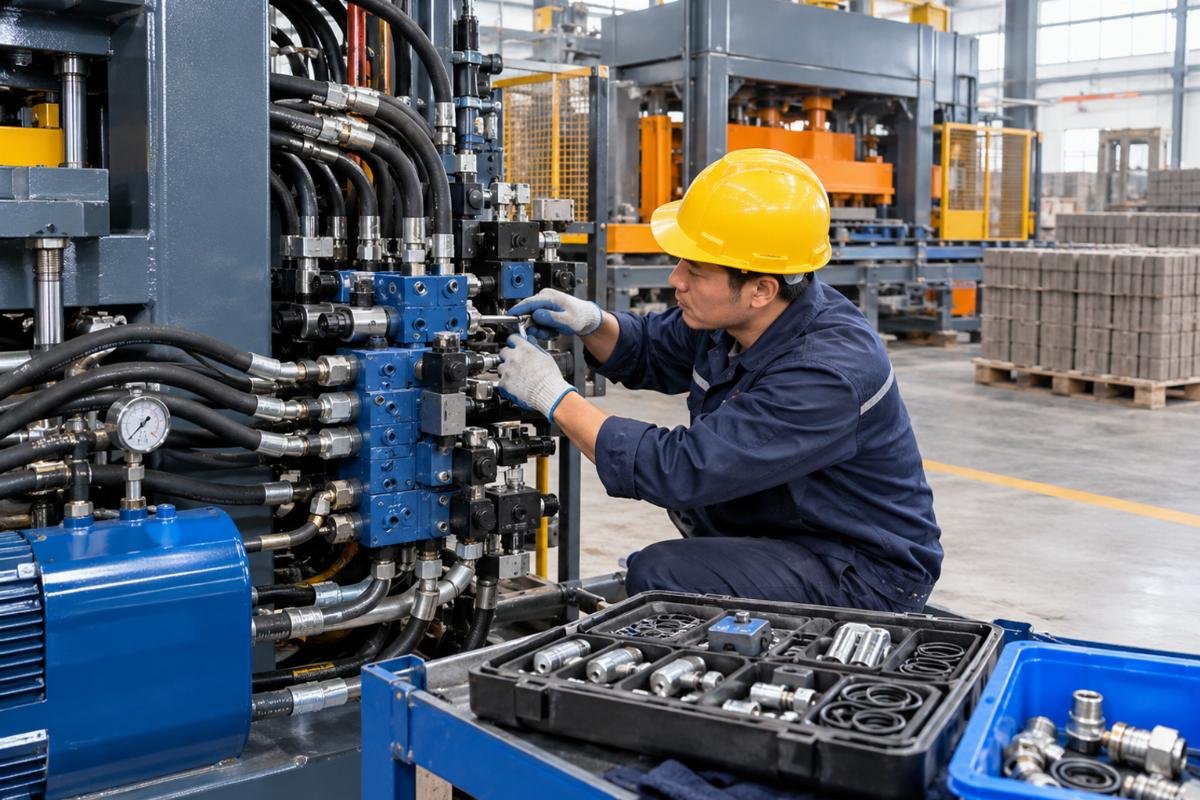 Technician performing maintenance on hydraulic valves with spare parts kit nearby